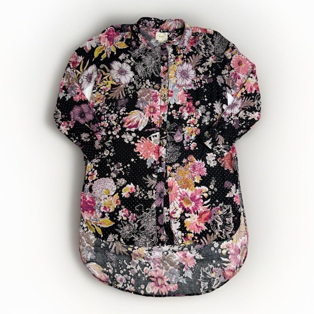 Maeve Anthropologie Autumnal Tunic XS Black Floral Silver Dot Button Blouse
